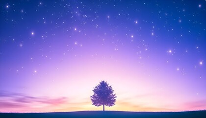 Wall Mural - Solitary tree silhouetted against a vibrant twilight sky, filled with countless stars