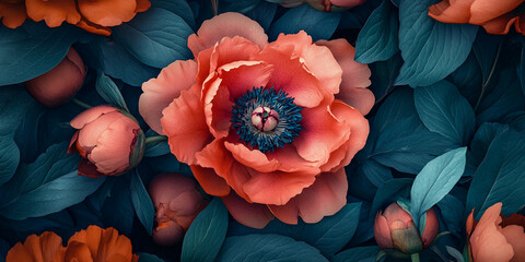 Poster - Close-up of coral peonies and teal foliage, creating a lush, vibrant floral arrangement.  Symbolizes natural beauty, serenity, and elegance, ideal for design projects
