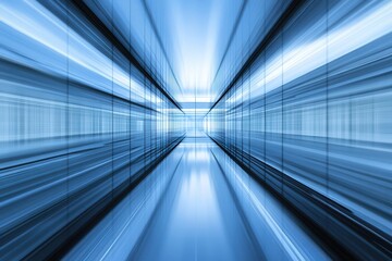 Poster - Abstract view of a futuristic corridor with blue lighting and reflective surfaces