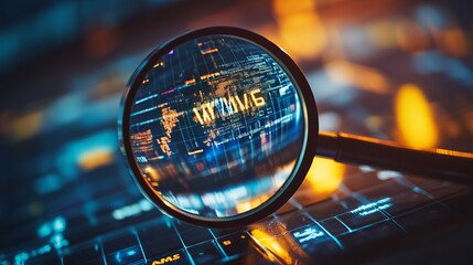 Poster - Magnifying Glass on Global Network Data Digital World Wide Web Technology Abstract Background Futuristic Modern Internet Concept Innovation Data Security Code Cyber Screen Laptop  