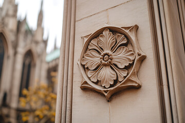 Poster - Architectural detail: Stone flower on a building. Old meets new. A symbol of resilience in a modern era.