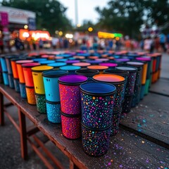 Poster - Vibrantly colorful cups arranged on a simple table creating a cheerful and inviting atmosphere