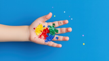 Poster - Child's hand covered in colorful paint splashing creativity and joy in an artistic expression moment
