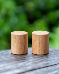 Poster - Two intricately designed wooden knobs resting on a rustic wooden table with natural grain patterns