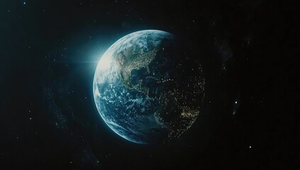 Poster - pixelated earth in dark space with bright city lights digital design and stars background