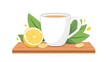 © Mohan - A white mug of light-colored tea sits on a wooden board next to a lemon slice and leaves
