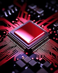 Poster - A red cpu chip positioned on a black background highlighting the intricacies of computer technology