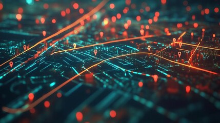 Poster - Abstract Futuristic Cityscape Map Navigation Technology Digital Network Orange Teal Glowing Lines Points Location Tracking Smart City Modern Design Background Illustration gps data