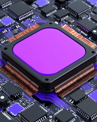Poster - Cpu chip placed on a computer motherboard highlighting the complex connections of digital technology
