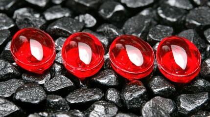Poster - Stunning red glass beads arranged elegantly on a black background highlighting their unique texture