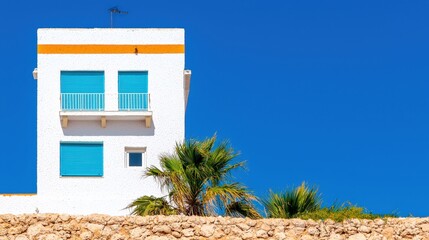 Poster - Bright white building against clear blue sky showcasing modern architecture and urban design elements