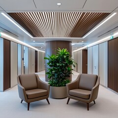 Poster - Bright modern office with a lush plant in the center of the room enhancing the interior atmosphere