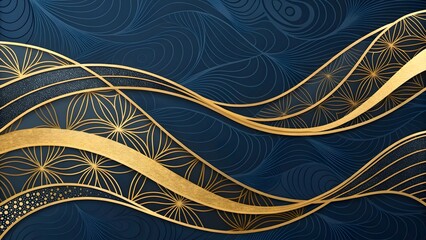 Aufkleber - A dark blue background with gold wavy lines and floral patterns creating an elegant and luxurious design