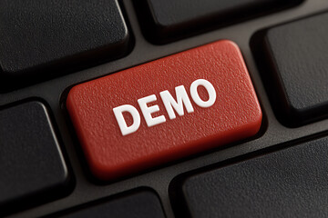 Poster - Demo Button on Keyboard. Press to showcase functionality. Tech presentation, product preview, and simplified user experience. Software testing tool.