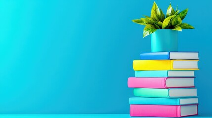 Poster - Elegant green plant in a stylish vase resting on a stack of books with soft lighting