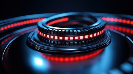 Poster - Close-up of a camera lens illuminated by a striking red light creating a dramatic effect