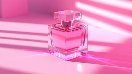 Poster - Pink Perfume Bottle Elegant Fragrance Luxury Scent Modern Design Glass Bottle Pink Background Studio Shot Product Photography Minimalist Style Fashionable Perfume Bottle Premium   