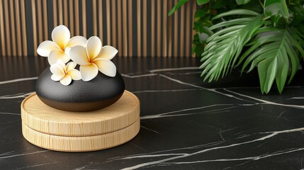 Poster - Delicate blooming flower displayed elegantly on a sleek black table surface in soft lighting