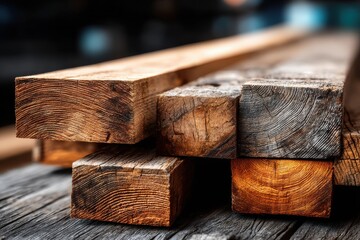 Poster - A close-up studio shot showcases a stack of rustic wooden beams, highlighting the rich textures and natural grain patterns, perfect for construction projects.