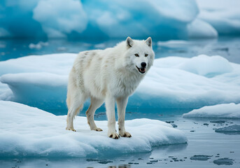  Majestic Arctic Wolf Standing on Ice Floe, Wildlife Portrait, Glacier, Polar Landscape.