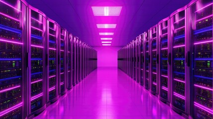 Poster - Symmetrical magenta server room with futuristic lighting, ideal for sci-fi interfaces, AI infrastructure, and data technology promotion