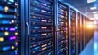 © TommyNa - Futuristic server racks with glowing lights in a data center hallway, ideal for technology, IT infrastructure, or cybersecurity visuals