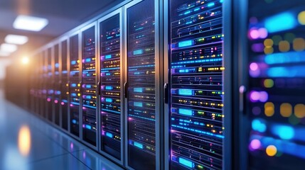 Poster - Illuminated server racks with vibrant colors in a digital facility, ideal for IT support, technology blogs, or cloud networking content