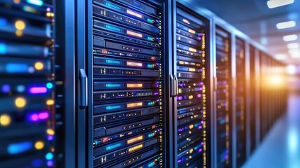 Poster - Futuristic server racks with glowing lights in a data center hallway, ideal for technology, IT infrastructure, or cybersecurity visuals
