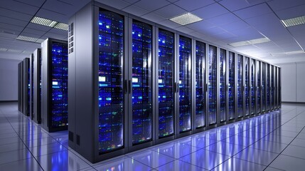 Poster - Blue server room with long row of high-tech racks, great for enterprise IT, big data systems, or hosting infrastructure