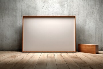 Poster - A large blank canvas in a wooden frame stands on a wooden floor against a concrete wall, illuminated by soft light, creating a minimalist and artistic atmosphere.