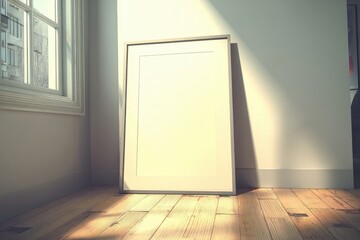 Poster - An elegant blank picture frame on a wooden floor bathed in soft sunlight, with a window casting gentle shadows on the wall, offering space for creative expression.