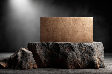Poster - Elegant product display featuring a rectangular block on rugged rock pedestal against a dark background, showcasing natural textures and refined craftsmanship under soft light.