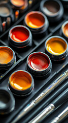 Poster - Close-up of paint palette with orange and red hues, showcasing vibrant colors and smooth texture, suggesting creativity and artistic expression