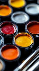 Poster - Close-up of colorful paint pots, showcasing vibrant hues and smooth texture, representing creativity, artistry, and the process of painting