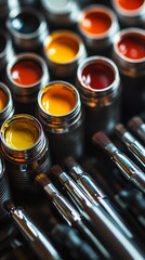 Poster - Close-up of paint pots with various colors and paintbrushes, showcasing vibrant hues and artistic tools, representing creativity and artistic expression