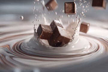 Poster - Delicious chocolate pieces are splashing into a creamy mixture, creating a visually appealing scene showcasing food photography with a focus on textures and flavors.