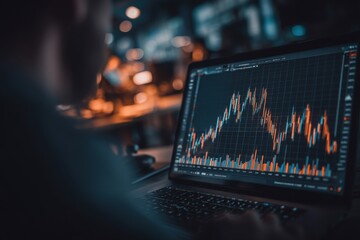 Poster - a focused view on a laptop displaying stock market data and analysis, the graph showing financial tr