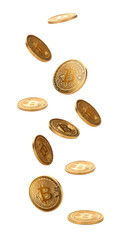 golden bitcoin coins falling isolated on transparent background