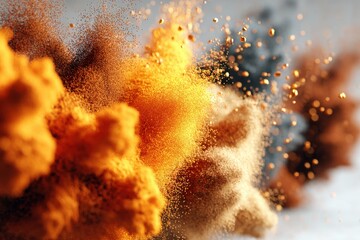 Poster - Abstract explosion of golden and brown powder with illuminated glitter particles, creating a dynamic and vibrant visual effect against a blurred background.