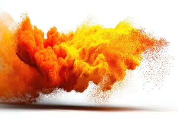 Poster - An explosion of vibrant orange and yellow powder paint on a white background, creating a dynamic and abstract cloud-like formation with scattered particles and a sense of energy.