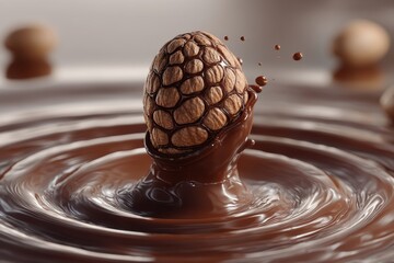 Poster - A delicious chocolate egg in a pool of liquid chocolate creating splash effect, showcasing the sweet treat and its smooth, glossy texture, appealing to chocolate lovers.