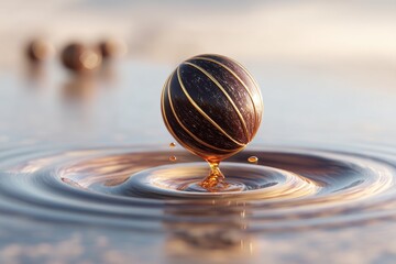 Poster - A striking sphere with golden accents interacting with a liquid surface, creating ripples and droplets, generating a sense of elegance and refined design.