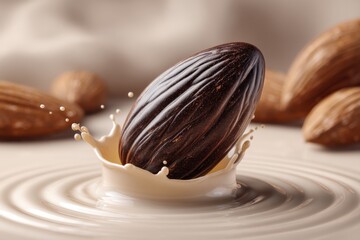 Poster - A close-up of an almond falling into a pool of milk, creating a splash, smooth surface, and other almonds blurred in the background creating soft food photography.