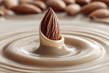 Poster - A single almond falling into almond milk creating ripples, close up view, with a smooth, creamy texture and blurred almonds in the background, delicious and healthy.