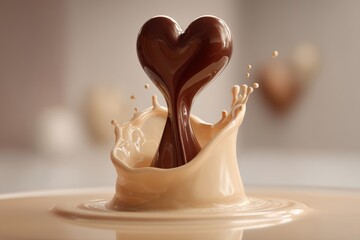 Poster - A decadent and creamy chocolate heart falling into a pool of milk, creating a dynamic splash and swirl, symbolizing love and indulgence on a soft, neutral background.