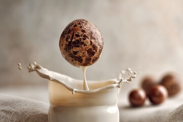 Poster - Chocolate ball dropping into milk creating splash and movement, showcasing a delicious beverage, with chocolate spheres in the background, creating an enticing and inviting scene.