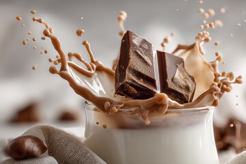 Poster - Dramatic splash of chocolate milk as pieces of dark chocolate fall in a glass, creating dynamic liquid sculpture, conveying indulgence and sweet satisfaction.