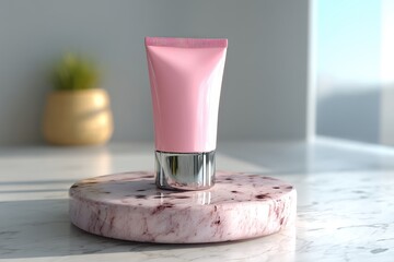 Poster - A pink cosmetic tube on a marble stand, showcasing beauty product elegance and design, with soft lighting and a clean background for a modern, minimalist aesthetic.