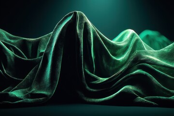 Poster - Abstract flowing emerald green silk fabric forming mountain-like shape, dramatic light and shadow play on the material surface creating interesting textures and gradients.