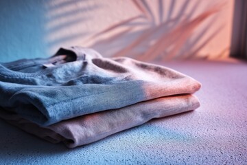 Poster - Close-up of folded pastel sweaters under the shadow of a palm tree, evoking a serene and calming atmosphere, suitable for showcasing clothing or a quiet moment.